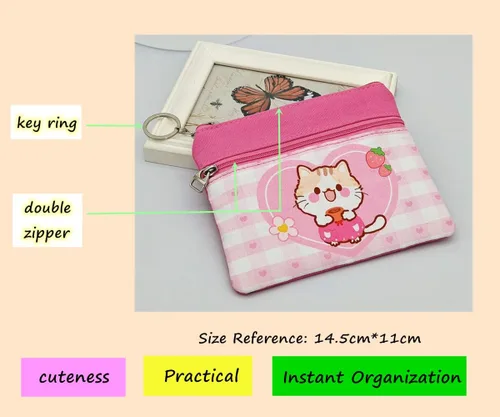Vista 2 de Monedero de gato para niños y niñas, llavero de dibujos animados, monedero, bolsa de moneda, soporte para tarjetas de crédito kawaii, organizador