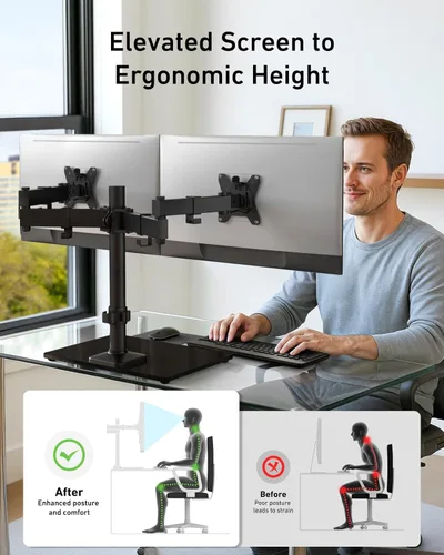 Vista 3 de HUANUO Soporte de monitor doble independiente, soporte de monitor doble de 32 pulgadas para 2 pantallas, soporta hasta 19.8 libras por brazo