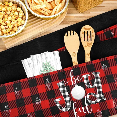 Vista 7 de Bencailor 4 Pcs Christmas Server Waitress Aprons with 4 Pockets Buffalo Plaid Half Waist Apron for Xmas Restaurant Party