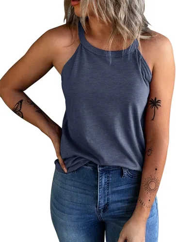 Vista 17 de KINLONSAIR - Camisetas sin mangas de verano para mujer con cuello redondo, estilo halter, para entrenamiento, casual, de tirantes, básicas A16_salmón