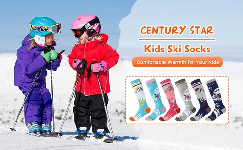 Vista 2 de Century Star Calcetines de esquí para niños, calcetines de invierno cálidos hasta la rodilla para niños y niñas, calcetines de lana suave, esquí