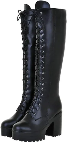 Vista 70 de Parisuit Botas góticas altas hasta la rodilla con hebilla de plataforma para mujer, tacón alto grueso, con cordones, botas de combate punk, con Negro