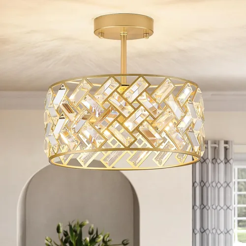 Vista 18 de CATINER - Candelabro de cristal dorado de 18 pulgadas, colgante semiempotrado de 6 luces grande dorado