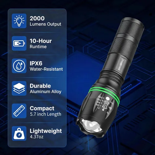 Vista 2 de HAUSBELL Linterna de 2000 lúmenes, paquete de 2 luces LED tácticas súper T8 Negro 2Pack