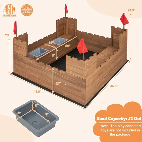 Vista 8 de HONEY JOY Caja de arena para niños, pozo de arena sin fondo de cedro para patio trasero, 4 banderas rojas y forro inferior, banco lateral y 2 cajas