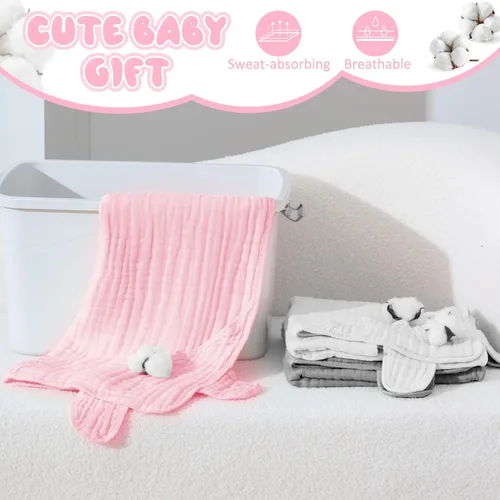 Vista 2 de Preboun 6 toallas de muselina con capucha para bebé, gris, rosa, blanco