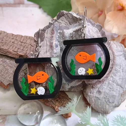 Vista 2 de Unique Goldfish Fish Bowl Aquarium Statement Dangle Earrings, Funny Jewelry for Aquatic Pet Fish Enthusiast