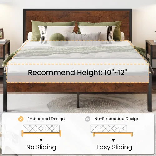 Vista 7 de SHA CERLIN Base de cama matrimonial con cabecero, almacenamiento debajo de la cama, construcción de metal sólido, no necesita somier, color marrón
