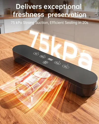 Vista 2 de Máquina selladora al vacío de 75 kPa, sellador al vacío compacto para alimentos, sellador de alimentos 4 en 1, temporizador digital, húmedo/seco