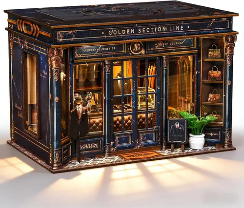 Vista 9 de Kit de casa en miniatura, rompecabezas de madera 3D para adultos, kit de rincón de libro con luz LED táctil, inserto de estantería de biblioteca