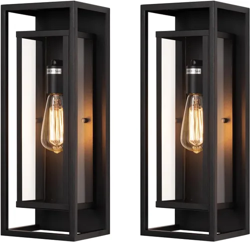 Vista 15 de mirrea Aplique de pared clásico para exteriores de 14 pulgadas, 1 luz en negro mate, marco de metal rectangular y pantalla de vidrio transparente