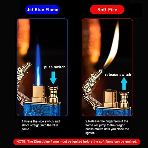 Vista 2 de Encendedor de antorcha, diseño de cocodrilo en relieve, encendedor mágico de doble llama con herramienta de llama de ajuste, encendedores de butano