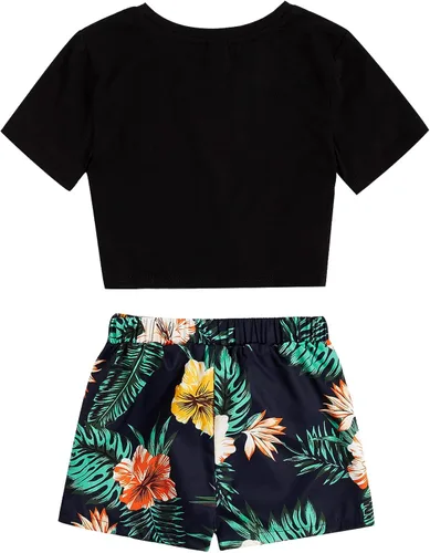 Vista 2 de OYOANGLE Conjunto de 2 piezas de verano para niña con parte delantera torcida y pantalones cortos con cinturón floral