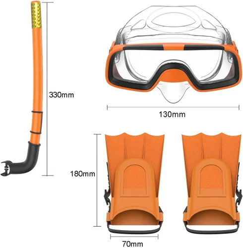 Vista 7 de Niños Niños Natación Buceo Snorkel Respiración Tubo Aletas Buceo Juego de lentes, Naranja