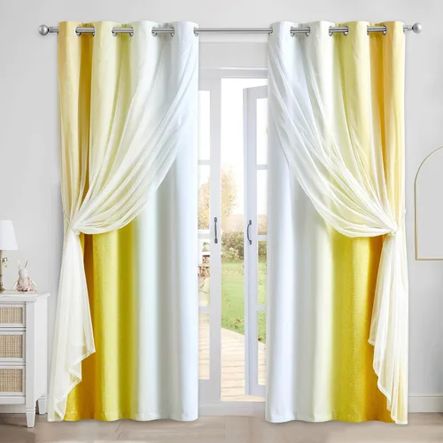 Vista 33 de Cortinas 100% opacas con superposición de gasa Mix and Match de doble capa, 54 pulgadas de largo, 2 paneles para dormitorio y sala de estar, azul