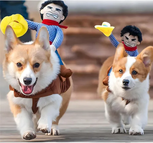 Vista 4 de Disfraz de vaquero para perro, disfraz de jinete de perro de Halloween, ropa divertida de Chucky con muñeca y sombrero, disfraces para perros
