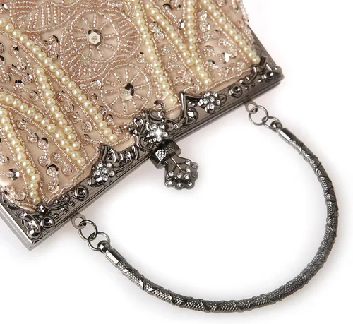 Vista 5 de DA BODAN Bolso de noche para mujer estilo vintage con cuentas y lentejuelas y perlas bolso de hombro para boda novia fiesta de graduación