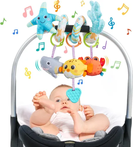 Vista 9 de Jollybaby Cochecito de cuna, juguete de asiento de automóvil para bebé de 0-3-6-9-12 meses, juguetes sensoriales colgantes para recién nacido
