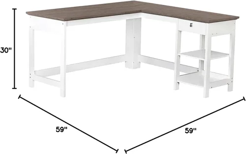 Vista 3 de Saint Birch Finley - Escritorio de madera moderno en forma de L en color blanco/madera flotante