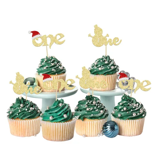 Vista 12 de Gyufise 24 piezas Adornos de pastel para revelación de género de Navidad con purpurina, sombrero navideño de Navidad, adorno de pastel de él o ella