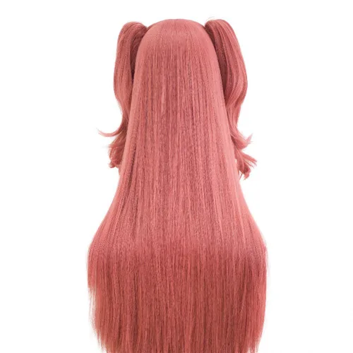 Vista 2 de Anime 39.4 in largo recto rosa profundo Cosplay peluca clip doble cola de caballo pelucas de fiesta de Navidad+gorra