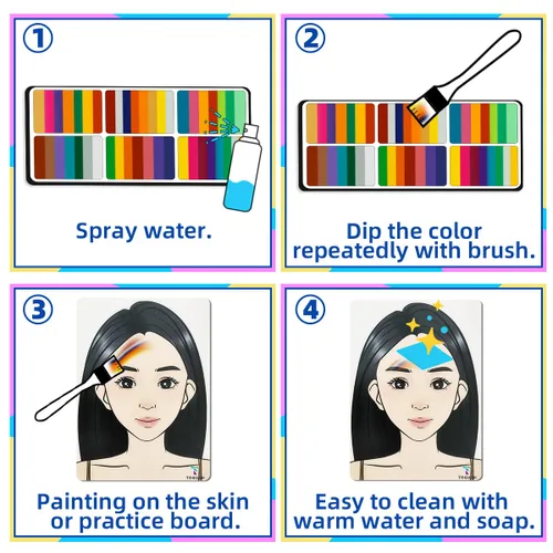 Vista 5 de Kit de pintura facial de 8.47 oz de tortas divididas arco iris, paleta de pintura facial profesional para niños y adultos con purpurina, plantillas