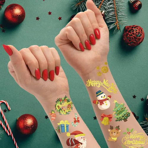 Vista 3 de 118 tatuajes de Navidad para niños, tatuajes falsos de Papá Noel, Rudolph árbol, muñeco de nieve, sombrero de muñeco de nieve, regalos de fiesta
