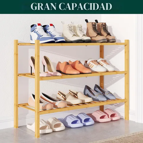 Vista 5 de Smiry Zapatero de bambú para armario, organizador de zapatos apilable de 3 niveles, estante de almacenamiento de zapatos independiente para entrada