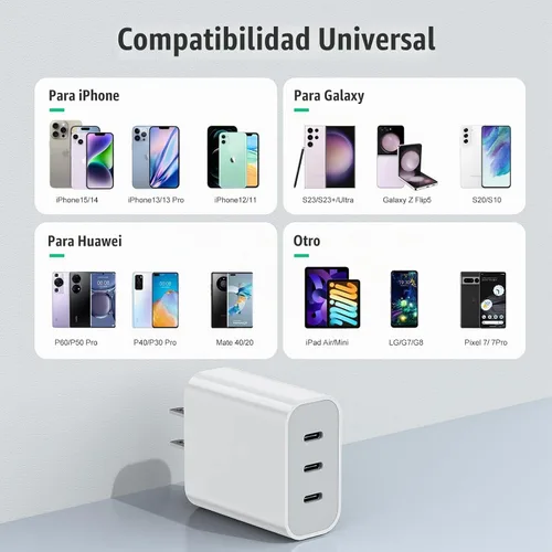 Vista 4 de Amoner - Bloque de cargador USB C, 35 W, 3 puertos USB C, cargador de pared