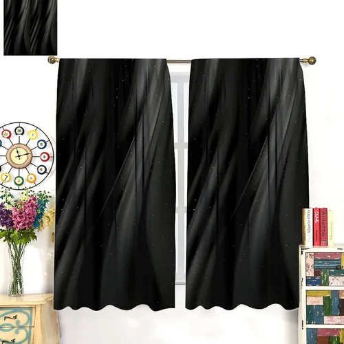 Vista 29 de Cortinas Negras con Dobladillo Dorado, Cortinas Opacas con Bolsillo para Barra con Estampado de Rayas de Foil en Onda Dorada para Decoración de Negro