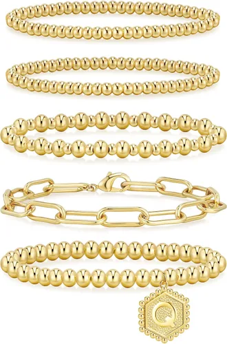 Vista 40 de adoyi - Pulseras de oro para mujer, impermeables, con cuentas de bolas chapadas en oro de 14K, pulseras ajustables apilables para regalos