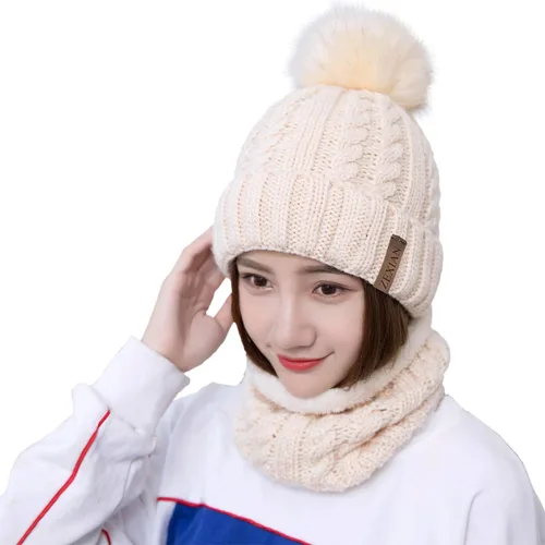 Vista 2 de ZEXIAN Conjunto de gorro y bufanda de esquí de punto con pompones para mujer y niña talla única