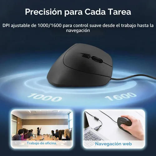 Vista 3 de SANWA Ratón ergonómico con cable, mouse vertical USB para computadora, ángulo natural de 55°, alivio de tensión de muñeca, 1000/1600 DPI, 5 botones