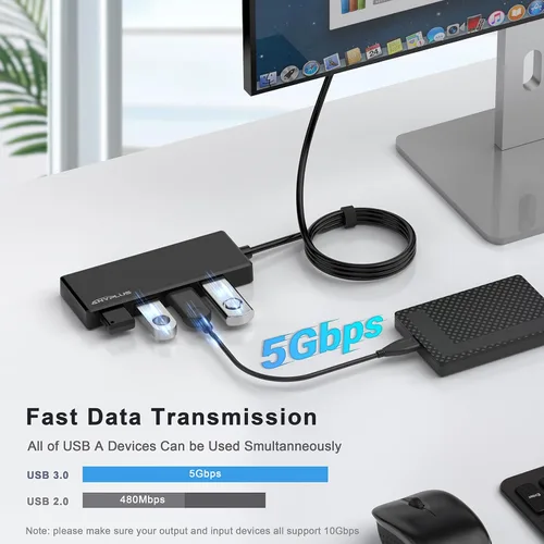 Vista 3 de Hub USB, Adaptador Divisor USB Multipuerto, Cable USB 3.0 de 2 pies de largo, Extensor USB para Laptop, PC, iMac, Surface Pro, MacBook, Mac Pro