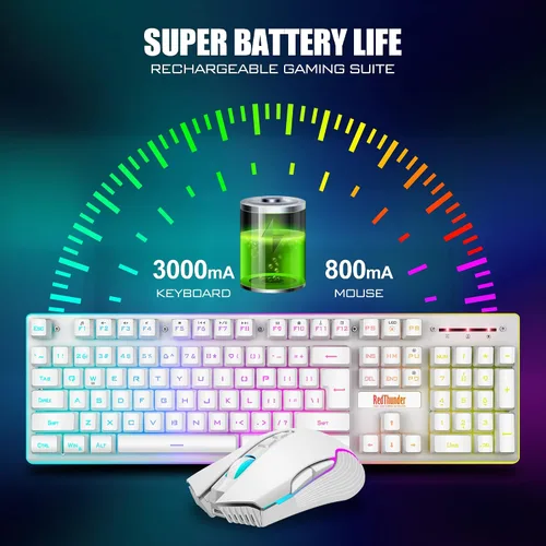 Vista 3 de RedThunder Combo de teclado y mouse inalámbricos para juegos K10 batería recargable retroiluminada LED de 3800 mAh teclado mecánico antifantasma