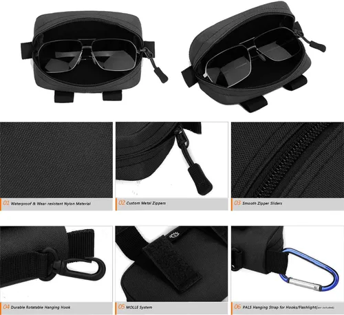 Vista 4 de CamGo Gafas de sol tácticas Estuche rígido portátil Molle cremallera Nylon gafas estuche de transporte con clip