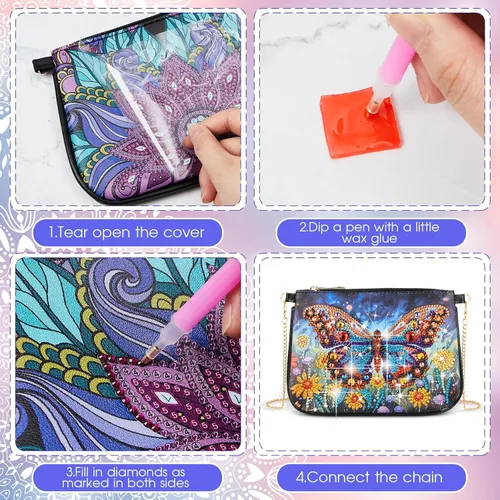 Vista 6 de Geyoga 2 piezas de bolso de arte de diamantes de imitación bolso cruzado 5D DIY hombro maquillaje bolsa cadena cuero embrague kits de arte