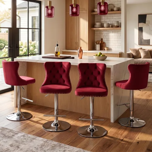 Vista 69 de SoarFlash Juego de 2 taburetes de bar tapizados de terciopelo moderno con patas de madera, botones acolchados, cabeza de clavo cromada, asiento