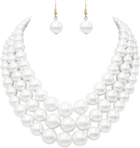 Vista 22 de Rosemarie & Jubalee Conjunto de joyería para mujer con 3 cadenas multicolores de perlas simuladas y aretes, regalo con collar, 45,7 cm + 7,6 cm