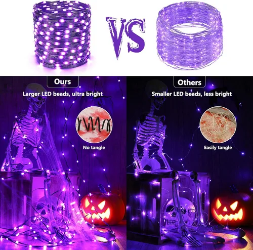 Vista 2 de Brizled Luces moradas, tira de 200 luces LED de 72 pies con temporizador, 8 modos para fiesta de Halloween en interiores y exteriores