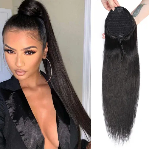 Vista 9 de Extensiones de cola de caballo con correa de cabello humano rizado, 100% cabello brasileño sin procesar, cola de caballo, pasta mágica con clip