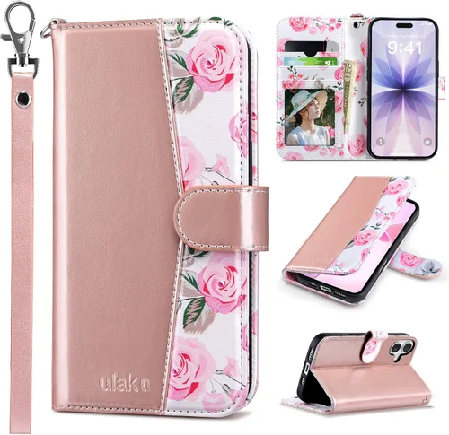 Vista 48 de ULAK Funda tipo billetera compatible con iPhone 15 para mujeres, funda tipo cartera con estampado floral de piel PU premium con porta tarjetas
