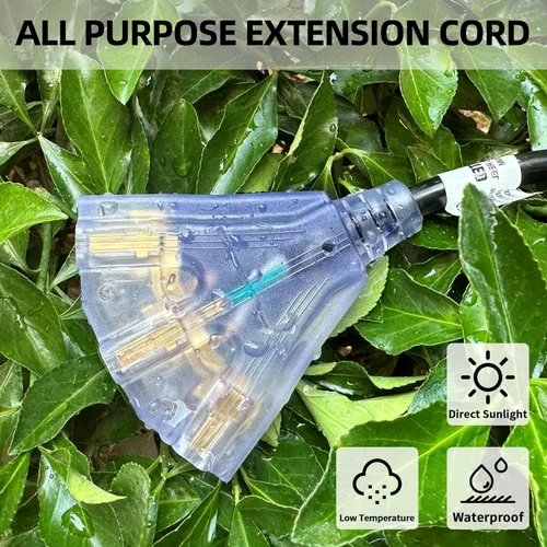 Vista 4 de YOJOE Cable de extensión de 3 salidas para interiores y exteriores con extremo iluminado, cable de alimentación de 3 clavijas 15A resistente a