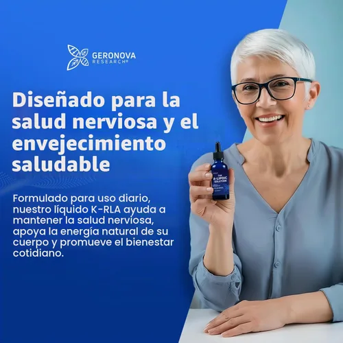 Vista 4 de Geronova Research® La solución R-lipoica, 2 fl oz Líquido de ácido R-lipoico estabilizado en potasio - Salud nerviosa y equilibrio celular - Gotas