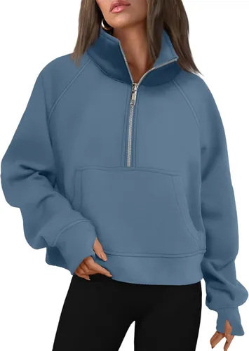 Vista 32 de AUTOMET Sudaderas con media cremallera para mujer, sudadera corta de vellón con cremallera de un cuarto, sudaderas con capucha para el otoño, a