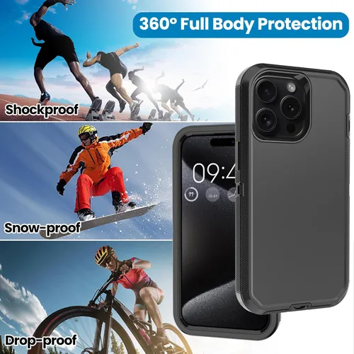Vista 6 de Funda para iPhone 15 Pro Max con 2 protectores de pantalla, protección contra caídas a prueba de golpes, cuerpo completo, resistente, 3 capas, Negro