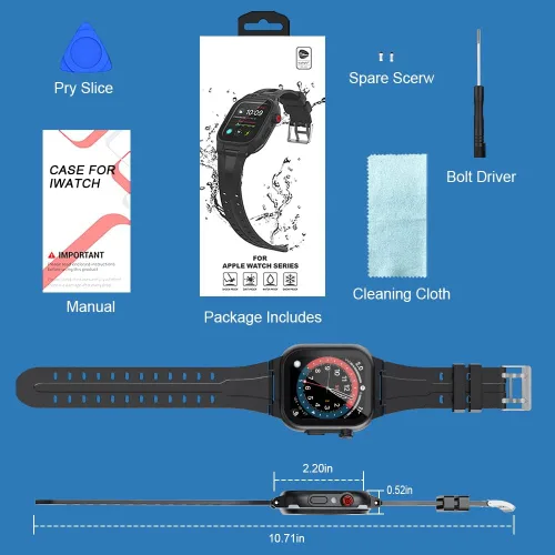 Vista 7 de Funda impermeable para Apple Watch de 1.614 in, 1.772 in, 1.732 in, 1.654 in, 1.575 in, 1.496 in, funda IP68 con correa y protector de pantalla