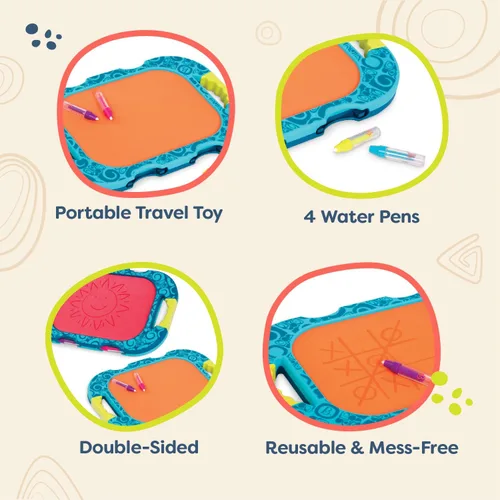 Vista 3 de B. toys Tablero de dibujo de agua, juguete de viaje portátil, 4 bolígrafos, tablero de doble cara para niños pequeños, niños mayores de 18 meses