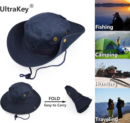 Vista 2 de Sombrero de protección solar de ala ancha para exteriores, clásico estilo militar de combate de EE. UU., gorra de sol para pesca, caza, campamento
