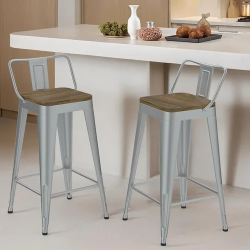 Vista 13 de Juego de 4 taburetes de bar de metal, taburetes de bar con respaldo alto con asiento de madera, taburetes de bar negros de 24 pulgadas para isla